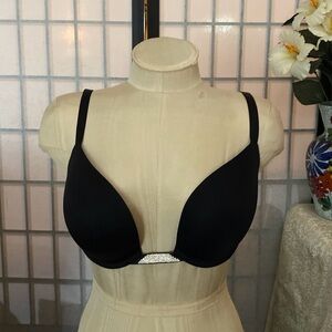 Victoria’s Secret 36DD Black Plunge Underwire Bra Ribbon Tie Back Diamante Trims